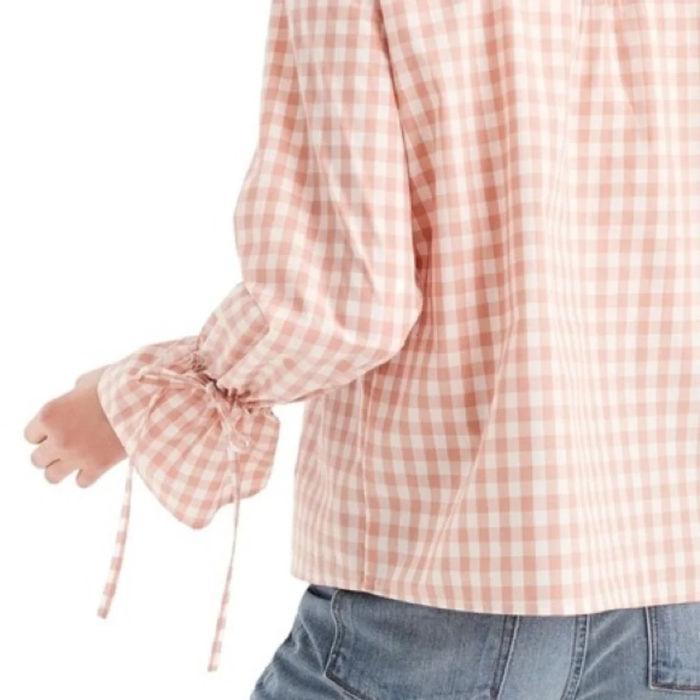 NWT J. Crew Women's Tie Sleeve Pintuck Long Sleeve Gingham Top | L